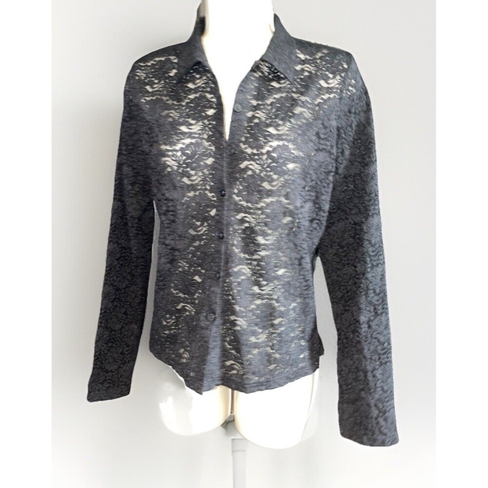 Rafael Black Stretch Lace Sheer Button Front Top Size Medium